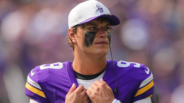 Aug 9, 2025; Minneapolis, Minnesota, USA; Minnesota Vikings quarterback J.J. McCarthy (9) on the sideline against the Houston Texans in the second quarter at U.S. Bank Stadium. Mandatory Credit: Brad Rempel-Imagn Images