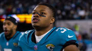 Jan 14, 2023; Jacksonville, Florida, USA; Jacksonville Jaguars cornerback Tyson Campbell (32) against the Los Angeles Chargers during a wild card playoff game at TIAA Bank Field. Mandatory Credit: Mark J. Rebilas-USA TODAY Sports