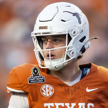 Dec 21, 2024; Austin, Texas, USA; Texas Longhorns quarterback Arch Manning (16) against the Clemson Tigers during the CFP National playoff first round at Darrell K Royal-Texas Memorial Stadium. Mandatory Credit: Mark J. Rebilas-Imagn Images