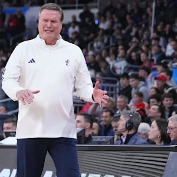 Mar 20, 2025; Providence, RI, USA;  Kansas Jayhawks head coach Bill Self reacts during the first half against the Arkansas Razorbacks at Amica Mutual Pavilion. 
