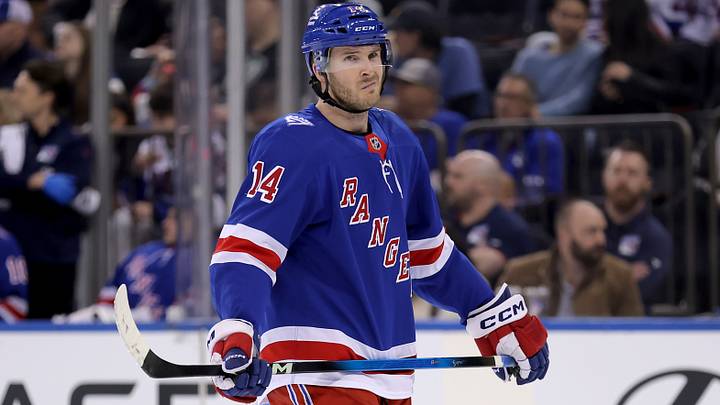 Mar 27, 2026; New York, New York, USA; New York Rangers right wing Taylor Raddysh (14) skates against the Chicago Blackhawks during the second period at Madison Square Garden. Mandatory Credit: Brad Penner-Imagn Images