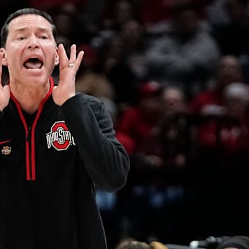 Ohio State Buckeyes head coach Kevin McGuff yells during the first round of the NCAA Women's Basketball Tournament against the Montana State Bobcats at Value City Arena in Columbus on March 22, 2025.