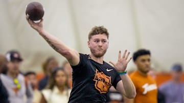 Former Longhorns Quinn Ewers passes during the Texas' Pro Day at the Texas Football Training Facility on Tuesday, March 25, 2025.