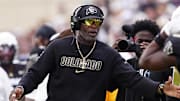 Sep 6, 2025; Boulder, Colorado, USA; Colorado Buffaloes head coach Deion Sanders during the second half against the Delaware Fightin Blue Hens at Folsom Field. Mandatory Credit: Ron Chenoy-Imagn Images