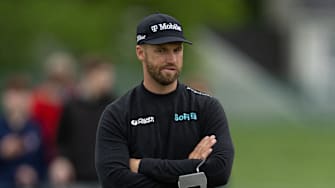 May 9, 2025; Philadelphia, Pennsylvania, USA; Wyndham Clark looks on on the 12th hole during the second round of the Truist Championship golf tournament. Mandatory Credit: Bill Streicher-Imagn Images