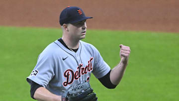 Sep 23, 2025; Cleveland, Ohio, USA; Detroit Tigers starting pitcher Tarik Skubal (29) celebrates at the end of the first inning against the Cleveland Guardians at Progressive Field. Mandatory Credit: David Richard-Imagn Images