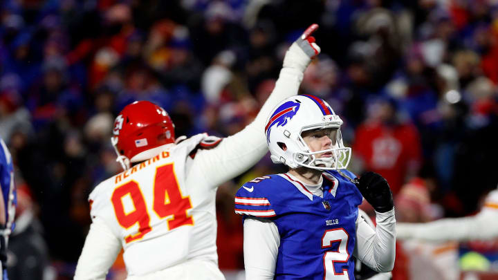 Buffalo Bills place kicker Tyler Bass (2) missed what would have been a game tying field goal. The Bills lost to the Chiefs in the divional round 27-24.