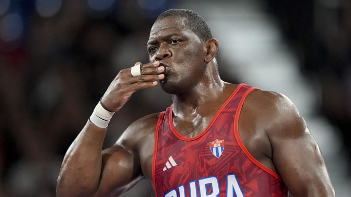 Aug 5, 2024; Paris, France; Mijain Lopez Nunez (Cuba) during the Paris 2024 Olympic Summer Games at Champ-de-Mars Arena.