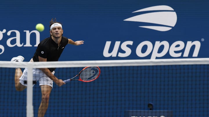 Sep 3, 2024; Flushing, NY, USA; Taylor Fritz (USA) serves against Alexander Zverev (GER)(not pictured) on day nine of the U.S. Open tennis tournament at the USTA Billie Jean King National Tennis Center. Mandatory Credit: Geoff Burke-Imagn Images Sep 3, 2024; Flushing, NY, USA; Taylor Fritz (USA) serves against Alexander Zverev (GER)(not pictured) on day nine of the U.S. Open tennis tournament at the USTA Billie Jean King National Tennis Center. Mandatory Credit: Geoff Burke-Imagn Images