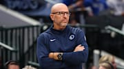 Nov 10, 2025; Dallas, Texas, USA;  Dallas Mavericks head coach Jason Kidd reacts against the Milwaukee Bucks during the second half at American Airlines Center. Mandatory Credit: Kevin Jairaj-Imagn Images