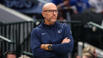 Nov 10, 2025; Dallas, Texas, USA;  Dallas Mavericks head coach Jason Kidd reacts against the Milwaukee Bucks during the second half at American Airlines Center. Mandatory Credit: Kevin Jairaj-Imagn Images
