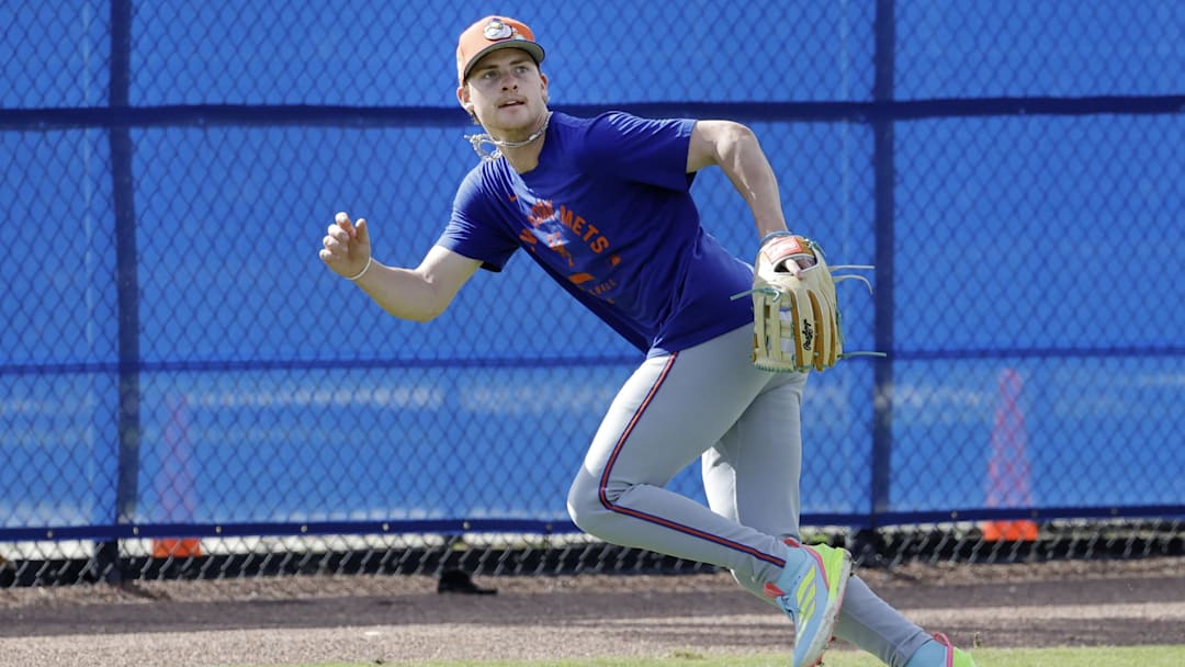 Feb 18, 2026; Port St. Lucie, FL, USA;  New York Mets outfielder Carson Benge (93) chases a fly ball during spring training workouts at Clover Park. Mandatory Credit: Reinhold Matay-Imagn Images