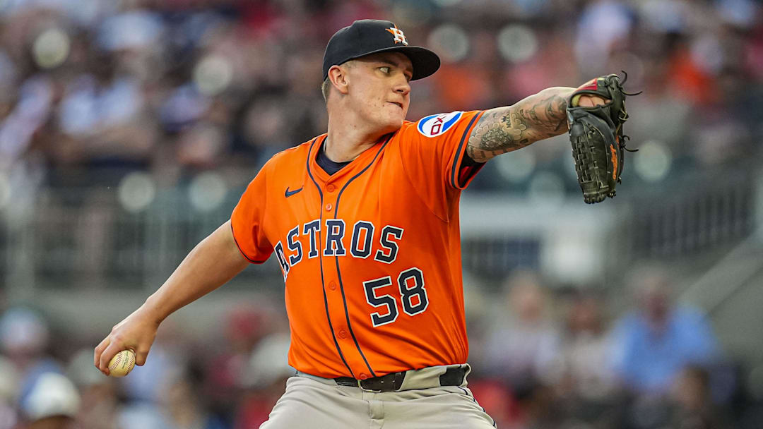 Sep 13, 2025; Cumberland, Georgia, USA; Houston Astros starting pitcher Hunter Brown (58) pitches against the Atlanta Braves during the first inning at Truist Park. 