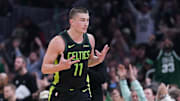 Payton Pritchard reacts after making a three-pointer.