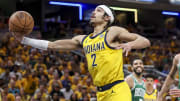 May 27, 2024; Indianapolis, Indiana, USA; Indiana Pacers guard Andrew Nembhard (2) attempts a layup during the second quarter during game four of the eastern conference finals for the 2024 NBA playoffs at Gainbridge Fieldhouse. Mandatory Credit: Trevor Ruszkowski-USA TODAY Sports