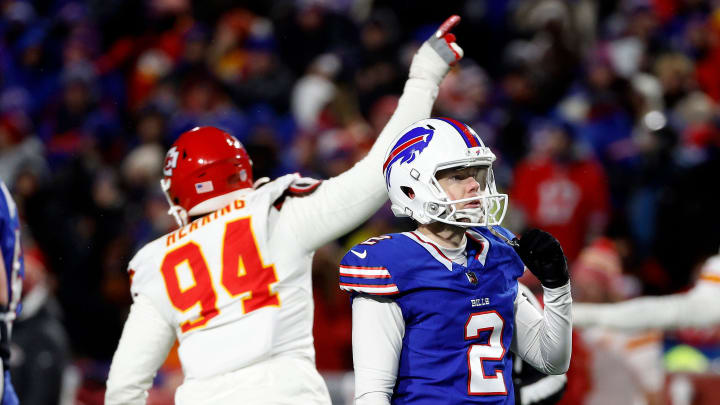 Buffalo Bills place kicker Tyler Bass (2) missed what would have been a game tying field goal. The Bills lost Ito the Chiefs in the visional round 27-24.