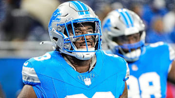 Detroit Lions defensive end Josh Paschal (93) warms up before the game between the Detroit Lions and the Jacksonville Jaguars at Ford Field in Detroit on Sunday, Nov. 17, 2024.