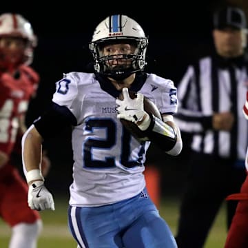 Little Chute High School's Reece Joten (20) runs upfield for 49 yards versus Columbus during a WIAA Division 4 state semifinal game Friday, November 14, 2025.