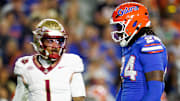 Nov 29, 2025; Gainesville, Florida, USA; Florida Gators defensive end Kamran James (24) reacts after a tackle in front of Florida State Seminoles quarterback Tommy Castellanos (1) during the second half at Ben Hill Griffin Stadium. Mandatory Credit: Matt Pendleton-Imagn Images