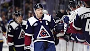 Mar 29, 2025; Denver, Colorado, USA; Colorado Avalanche center Nathan MacKinnon (29) following his goal scored in the first period against the St. Louis Blues at Ball Arena. Mandatory Credit: Ron Chenoy-Imagn Image