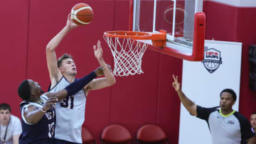 2024 USAB Men's Training Camp in Las Vegas; Duke basketball forward Cooper Flagg dunks with Team USA