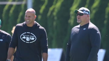Jets coach Robert Saleh and general manager Joe Douglas look on during practice at the New York Jets Training Camp in Florham Park, N.J. on July 30, 2022.