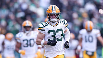 Jan 12, 2025; Philadelphia, Pennsylvania, USA; Green Bay Packers safety Evan Williams (33) before action against the Philadelphia Eagles in an NFC wild card game at Lincoln Financial Field. Mandatory Credit: Bill Streicher-Imagn Images