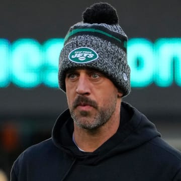 Nov 24, 2023; East Rutherford, New Jersey, USA; New York Jets quarterback Aaron Rodgers (8), on injured reserve, pregame against the Miami Dolphins at MetLife Stadium.