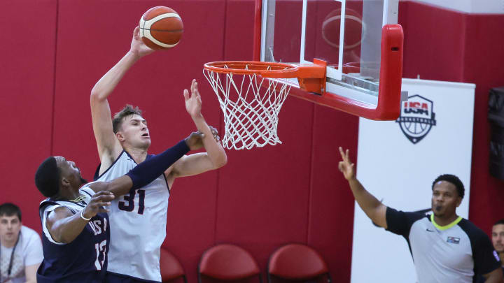 2024 USAB Men's Training Camp in Las Vegas; Duke basketball forward Cooper Flagg dunks with Team USA