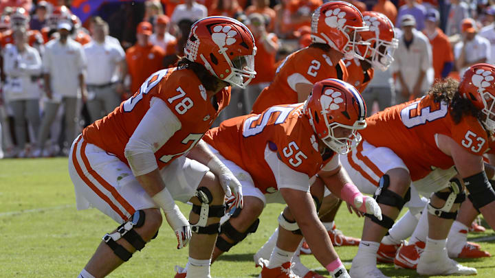 Oct 19, 2024; Clemson, South Carolina, USA; Clemson Tigers offensive lineman Blake Miller (78) lines up against the Virginia Cavaliers at Memorial Stadium