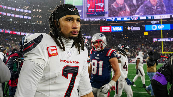 Jan 18, 2026; Foxborough, MA, USA; Houston Texans quarterback C.J. Stroud (7) after the game against the New England Patriots in an AFC Divisional Round game at Gillette Stadium. Mandatory Credit: David Butler II-Imagn Images