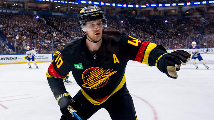 Jan 21, 2025; Vancouver, British Columbia, CAN; Vancouver Canucks forward Elias Pettersson (40) skates against the Buffalo Sabres in the third period at Rogers Arena. Mandatory Credit: Bob Frid-Imagn Images