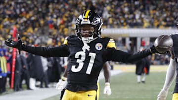 Jan 4, 2025; Pittsburgh, Pennsylvania, USA;  Pittsburgh Steelers cornerback Beanie Bishop Jr. (31) celebrates after intercepting a Cincinnati Bengals pass during the second quarter at Acrisure Stadium. Mandatory Credit: Charles LeClaire-Imagn Images