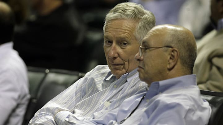 Houston Astros owner Drayton McLane (left) watches a game against the Pittsburgh Pirates in the eighth inning at Minute Maid Park on July 7, 2010.