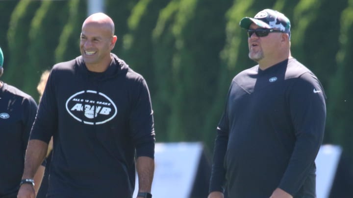 Jets coach Robert Saleh and general manager Joe Douglas look on during practice at the New York Jets Training Camp in Florham Park, N.J. on July 30, 2022.