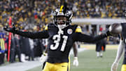 Jan 4, 2025; Pittsburgh, Pennsylvania, USA;  Pittsburgh Steelers cornerback Beanie Bishop Jr. (31) celebrates after intercepting a Cincinnati Bengals pass during the second quarter at Acrisure Stadium. Mandatory Credit: Charles LeClaire-Imagn Images