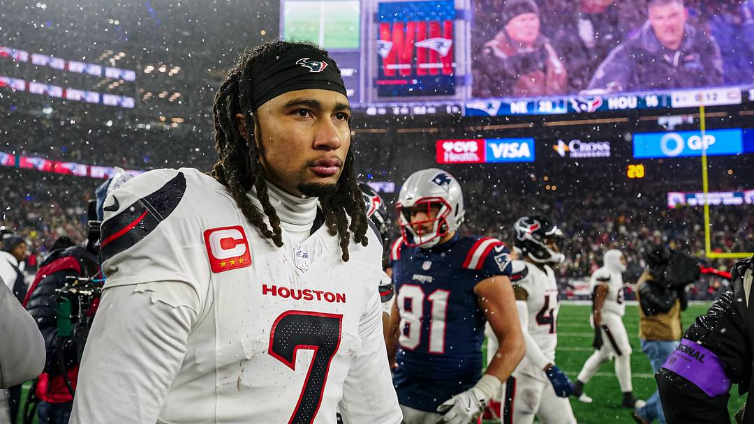 Jan 18, 2026; Foxborough, MA, USA; Houston Texans quarterback C.J. Stroud (7) after the game against the New England Patriots in an AFC Divisional Round game at Gillette Stadium. Mandatory Credit: David Butler II-Imagn Images