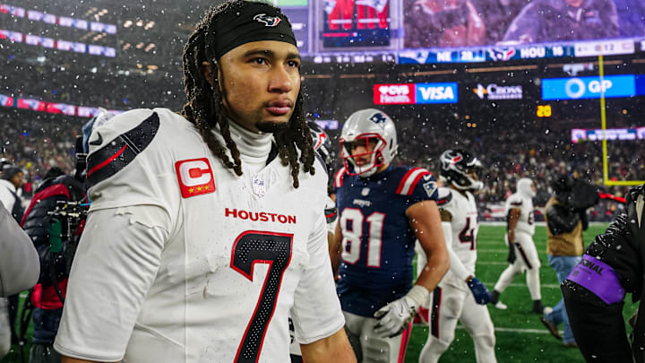 Jan 18, 2026; Foxborough, MA, USA; Houston Texans quarterback C.J. Stroud (7) after the game against the New England Patriots in an AFC Divisional Round game at Gillette Stadium. Mandatory Credit: David Butler II-Imagn Images