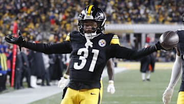 Jan 4, 2025; Pittsburgh, Pennsylvania, USA;  Pittsburgh Steelers cornerback Beanie Bishop Jr. (31) celebrates after intercepting a Cincinnati Bengals pass during the second quarter at Acrisure Stadium. Mandatory Credit: Charles LeClaire-Imagn Images