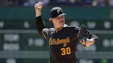 Aug 28, 2024; Pittsburgh, Pennsylvania, USA;  Pittsburgh Pirates starting pitcher Paul Skenes (30) delivers a pitch against the Chicago Cubs during the first inning at PNC Park. Mandatory Credit: Charles LeClaire-Imagn Images