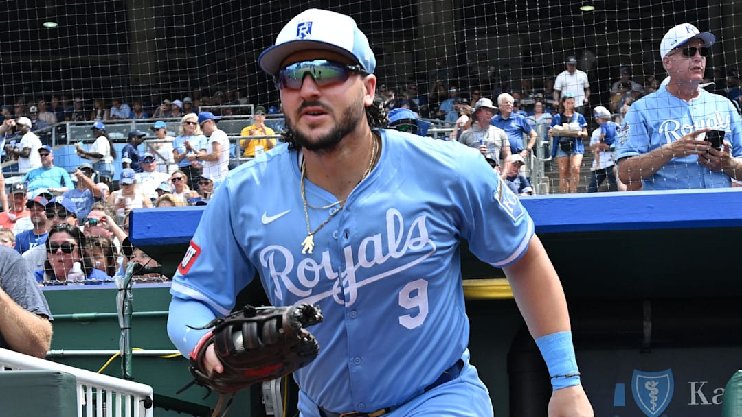 Jul 12, 2025; Kansas City, Missouri, USA;  Kansas City Royals first baseman Vinnie Pasquantino (9) runs out of the dugout before the first inning against the New York Mets at Kauffman Stadium. Mandatory Credit: Peter Aiken-Imagn Images