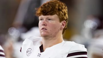 Sep 7, 2024; Tempe, Arizona, USA; Mississippi State Bulldogs offensive lineman Luke Work (51) against the Arizona State Sun Devils at Mountain America Stadium. Mandatory Credit: Mark J. Rebilas-Imagn Images
