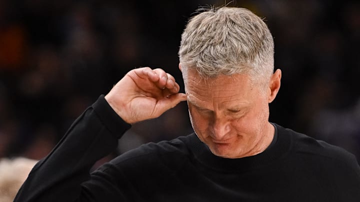 Nov 5, 2025; Sacramento, California, USA; Golden State Warriors Head Coach Steve Kerr reacts to the final score of the game against the Sacramento Kings at Golden 1 Center. Mandatory Credit: Ed Szczepanski-Imagn Images