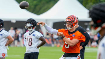 Cincinnati Bengals quarterback Joe Burrow (9) throws a pass during the first day of training camp at the Kettering Health Practice Fields outside of Paycor Stadium Wednesday, July 24, 2024.