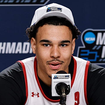 Mar 19, 2025; Denver, CO, USA; Wisconsin Badgers player John Tonje during a press conference at Ball Arena. Mandatory Credit: Isaiah J. Downing-Imagn Images