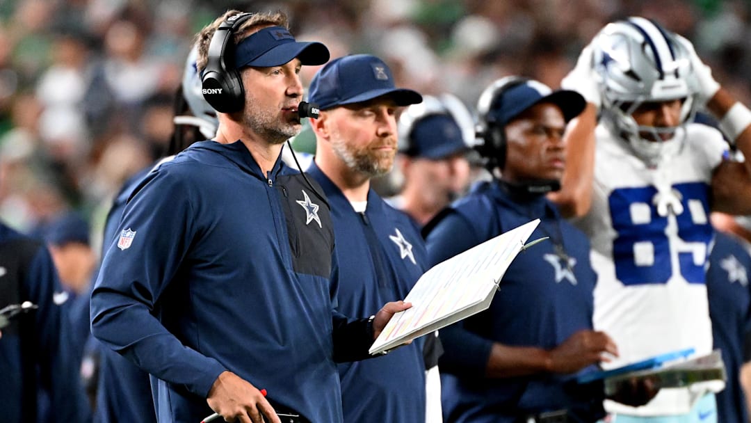 Sep 4, 2025; Philadelphia, Pennsylvania, USA; Dallas Cowboys head coach Brian Schottenheimer against the Philadelphia Eagles at Lincoln Financial Field. Mandatory Credit: Eric Hartline-Imagn Images