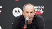 Oct 2, 2023; Chicago, IL, USA; Chicago Bulls executive vice president of basketball operations Arturas Karnisovas during Chicago Bulls Media Day at Advocate Center. Mandatory Credit: David Banks-Imagn Images