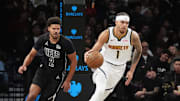 Oct 29, 2024; Brooklyn, New York, USA; Denver Nuggets small forward Michael Porter Jr. (1) dribbles the ball up the court past Brooklyn Nets small forward Cameron Johnson (2) during the first half at Barclays Center. Mandatory Credit: Gregory Fisher-Imagn Images