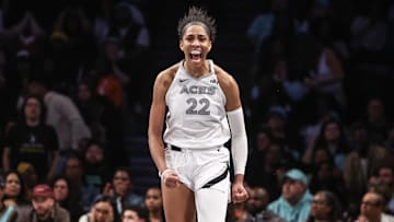 Oct 1, 2024; Brooklyn, New York, USA; Las Vegas Aces center A'ja Wilson (22) celebrates after scoring in the fourth quarter against the New York Liberty during game two of the 2024 WNBA Semi-finals at Barclays Center. Mandatory Credit: Wendell Cruz-Imagn Images