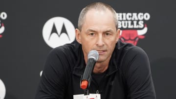 Oct 2, 2023; Chicago, IL, USA; Chicago Bulls executive vice president of basketball operations Arturas Karnisovas during Chicago Bulls Media Day at Advocate Center. Mandatory Credit: David Banks-USA TODAY Sports
